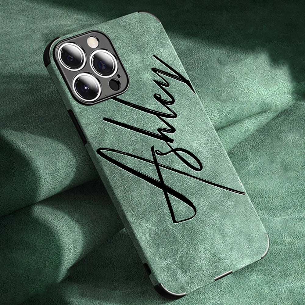 Large Brush Calligraphy Name Customized Phone Case For iPhone18 16 15 14 13 12 11ProMax Lambskin Faux Leather Shockproof Cover