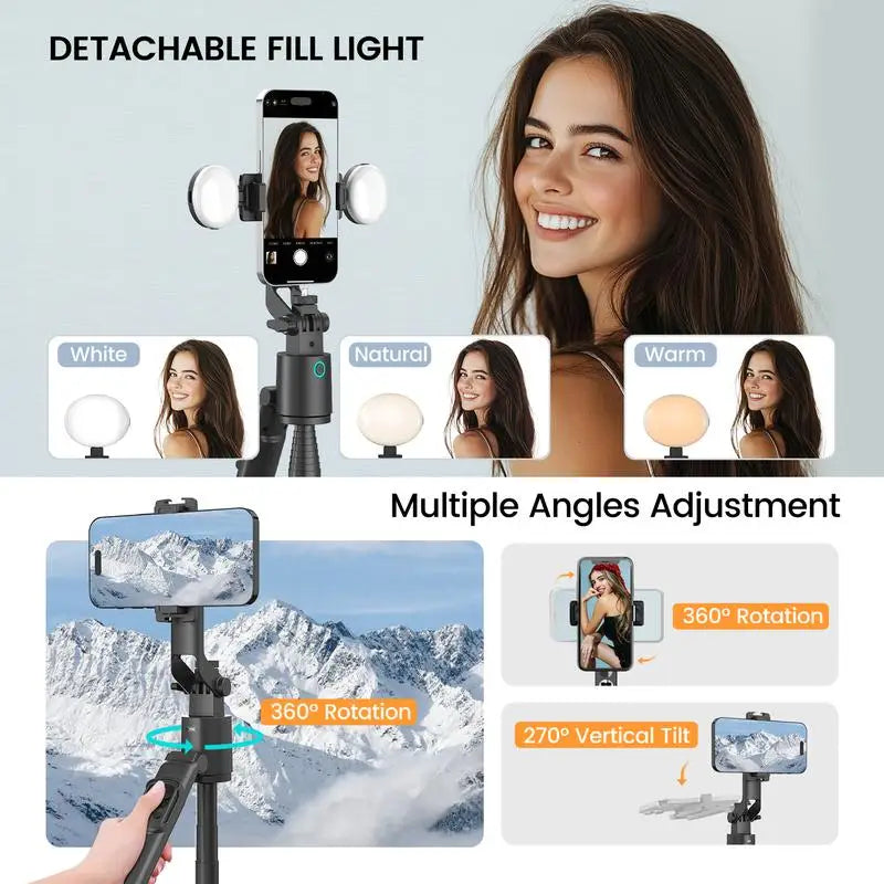 Selfie Stick with Face Tracking, Extendable 360° Rotation Selfie Stick Tripod with BT Remote Control Cell Phone Holder