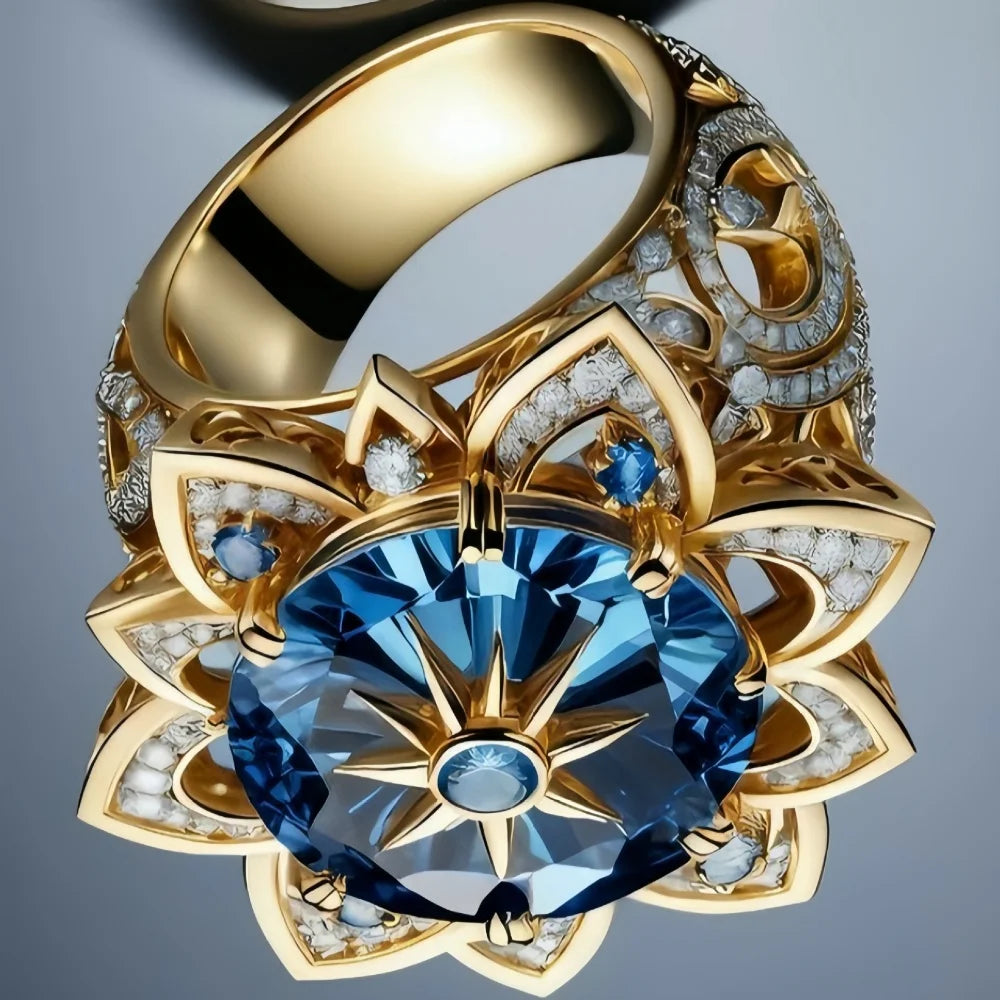Luxury Female Blue Zircon Big Stone Engagement Round Sun Flower Ring Vintage Gold Color Wedding Fashion Jewelry For Women