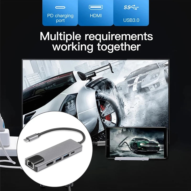 5/8Ports USB C Docking Station Type C to HDMI 4K/RJ45 100M Splitter USB3.0 5Gbps High Speed USB C HUB Adapter For Laptop Macbook