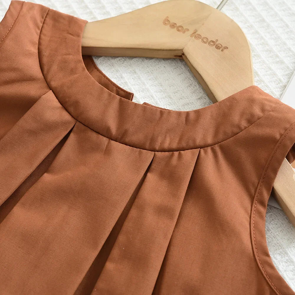 Bear Leader Khaki Vest+Striped Wide Leg Pants Summer Two-piece Set Daily Simple Sleeveless Children's Clothing for 3-7 Years Old