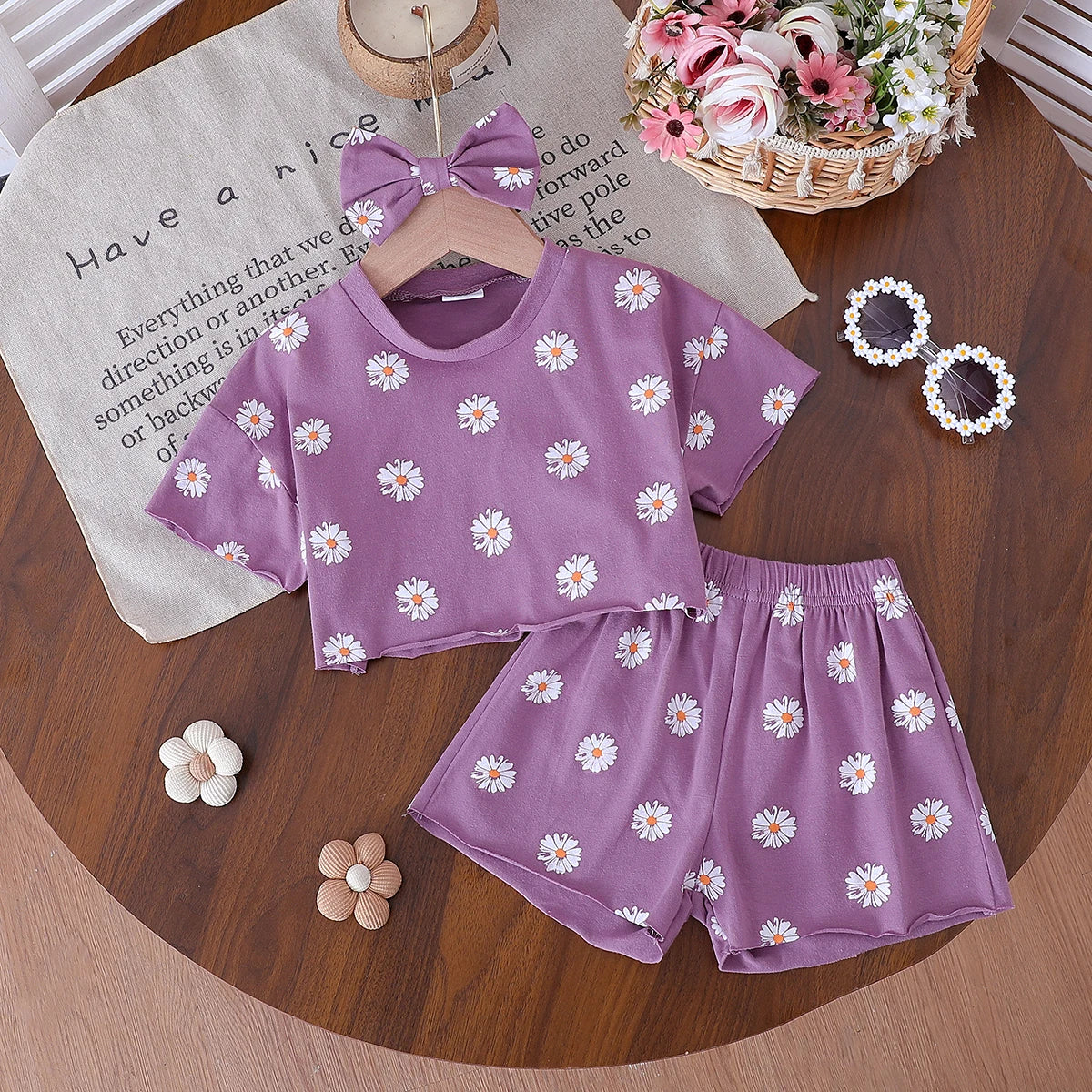 2025 Summer New Arrival Floral Print Short-Sleeved T-Shirt with Matching Floral Print Shorts, Casual and Versatile 3-Piece Set