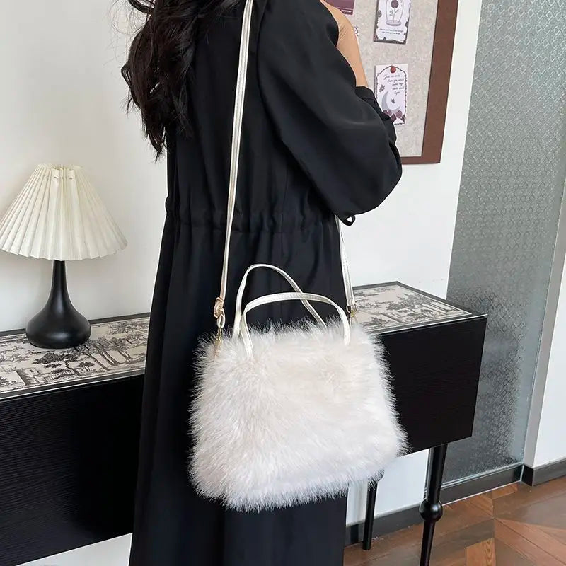 Candy Color Pearl Handle Women's Plush Crossbody Bag Portable Female Furry Handbags Winter Fashion Casual Shoulder Bags