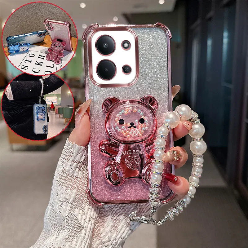 Cute Bear Cartoon Holder Pearl Lanyard Strap Shockproof Glitter Phone Case For Xiaomi Redmi 15C EUR Global Poco C85 Back Cover