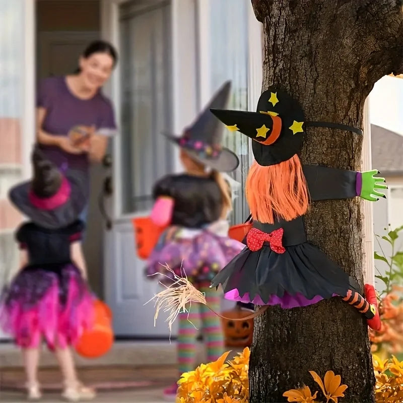 Orange haired white haired tree climbing witch broom tree witch party decoration tree collision props outdoor hanging decoration