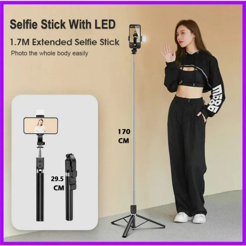 Selfie Stick 1700mm Ultra Long Stretch Portable Phone Holder Bluetooth Remote With Fill light Tripod Stand For Live Broadcas