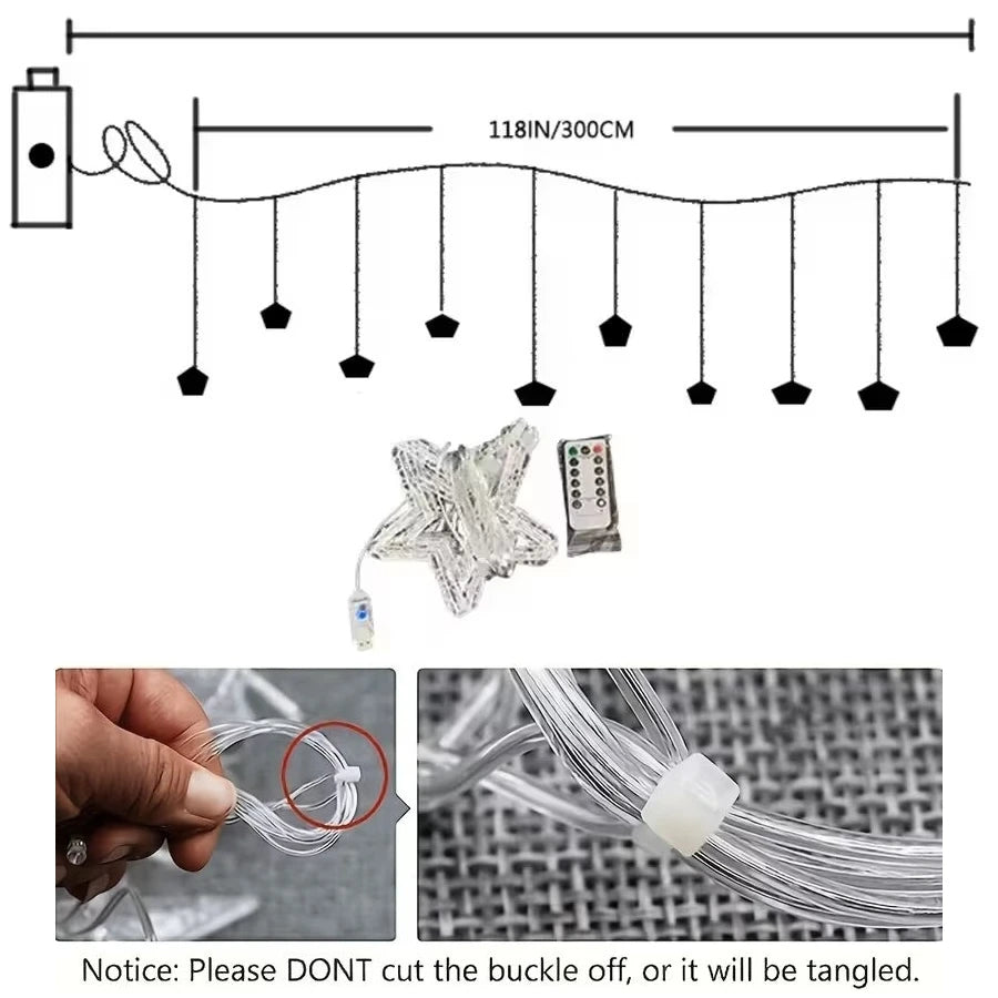 Christmas Lights Curtain Fairy String Lights 3M USB Powered Remote 8 Modes LED Window Decorations for Home