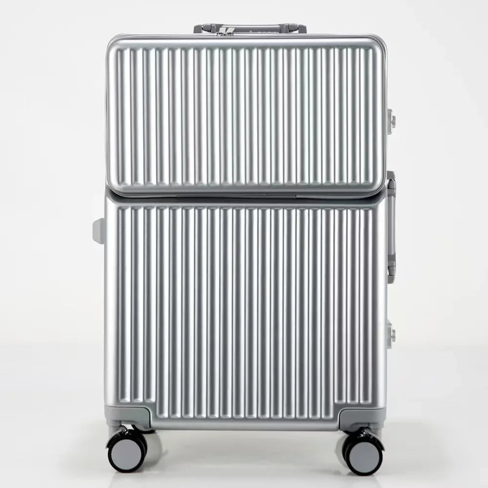 Aluminium Frame Suitcase Front Opening Cabin Luggage with USB Cup Holder Female Trolley Case Male Brake Wheel Travel Suitcase