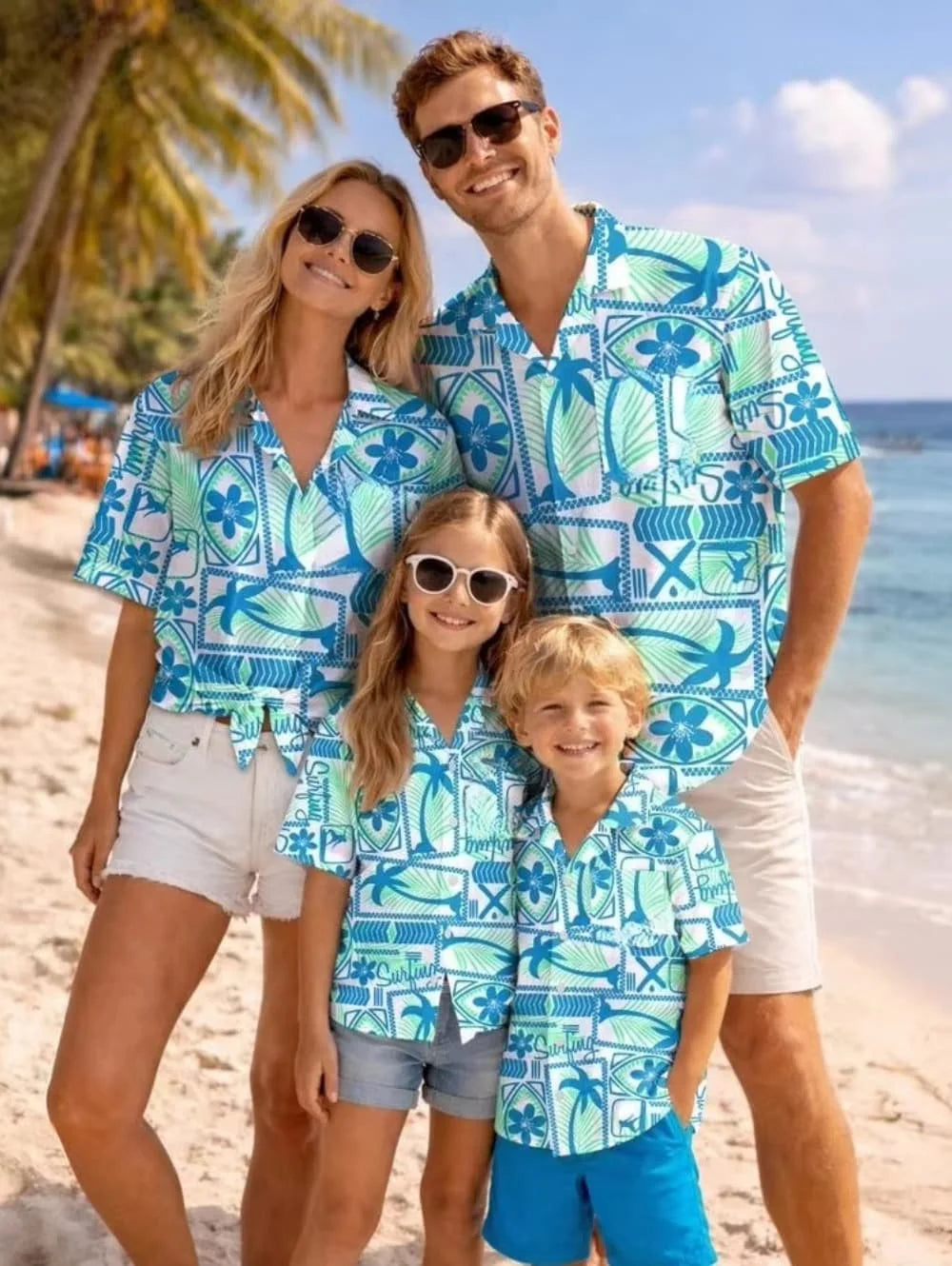 Hawaiian Children's Shirt Plant Flower Pattern Print Family Dress Blue Green Vacation Beach Parent Child Shirt Men's Sports Top