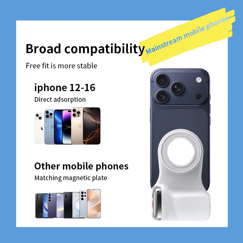 Magnetic Phone Grip with Remote Control Portable Shooting Handle for iPhone Vlog Recording Selfie, Easy One-Hand Operation