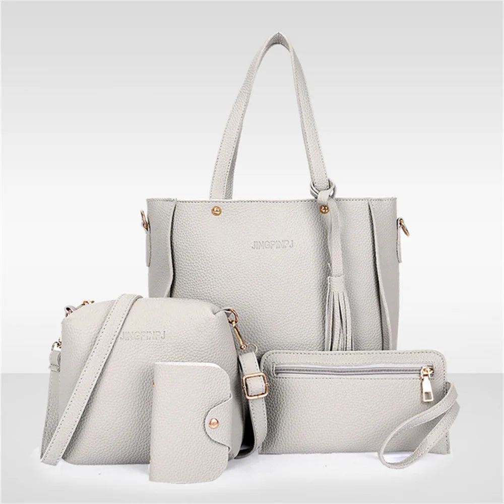 4pcs/Set Fashion Tassels Decoration Pu Leather Shoulder Bag Crossbody Bag Handbag Purse Wallet Solid Color Women Bag Combos 2024