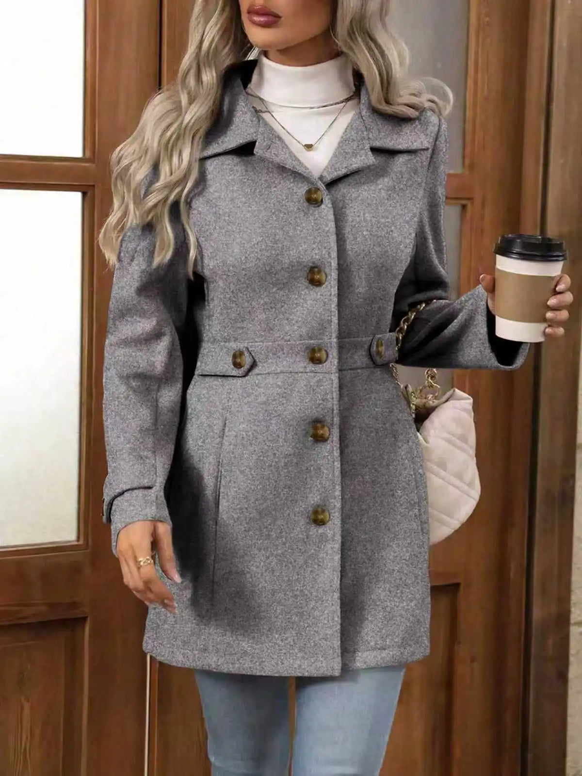 Autumn Winter New Mid-Length Elegant Woolen Coat Button Stand Collar Slim Fit Tweed Durable Fashionable Outerwear