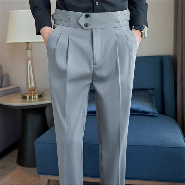 2026 Spring Autumn Men High Waist Belt Design Casual Slim Formal Dress Pant Men Social Office Wedding Party Dress Suit Pants