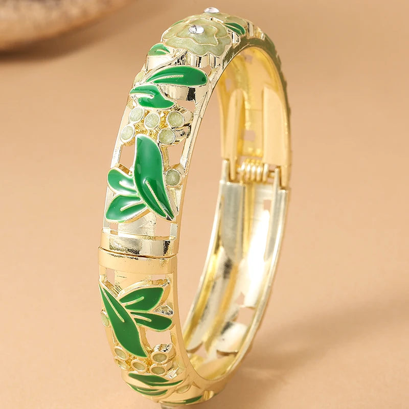 Jardme Rose Flower Enamel Bracelets For Women Ethnic Style Gold Plated Hollow Cloisonne Bangles Women's Jewelry Accessories