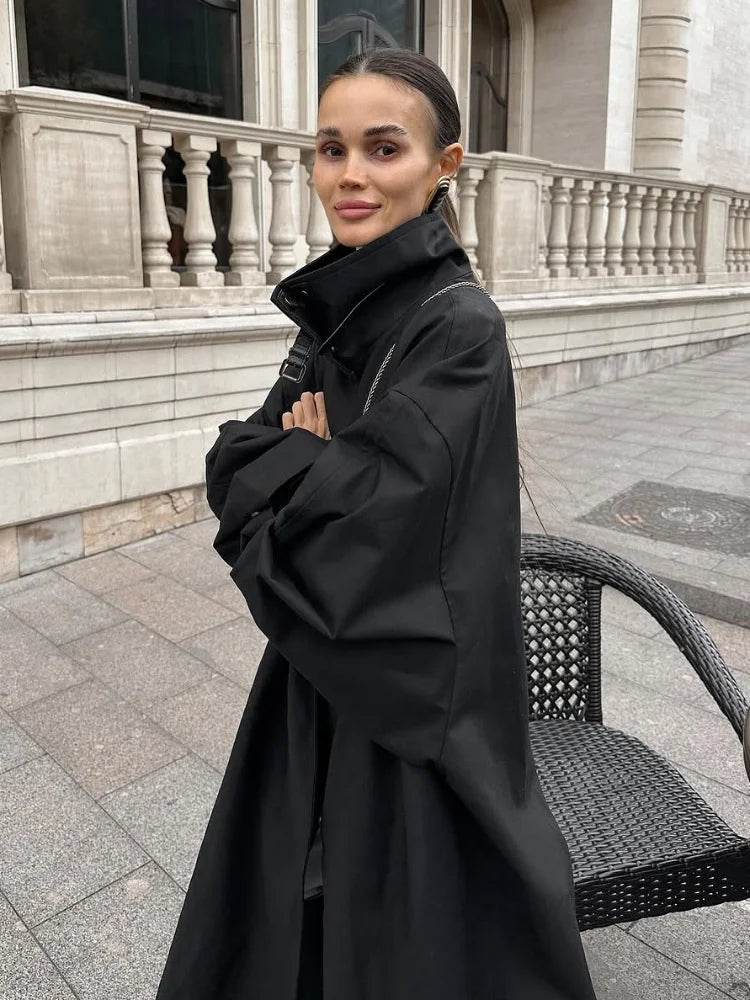 Black Stand Collar Trench Coat Women Casual Long Sleeve Single-breasted Loose Windbreaker Lady Autumn High Street Outwear 2026