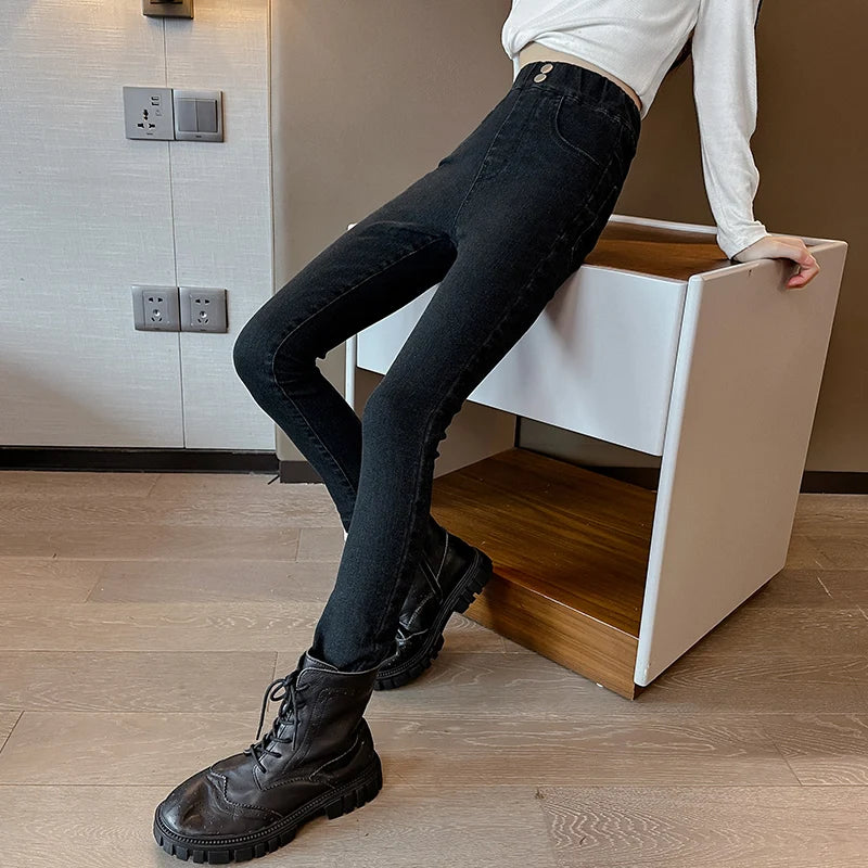 Girl Winter High Waist Insulate Skinny Jeans For Kids Black Blue Thermal Close-fitting Denim Pants Child Leggings Jeans Trousers