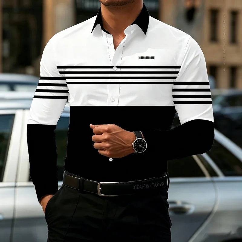 2026 New Men's Contrasting Striped Shirt Street Style Black and White Striped Slim Fit Shirt Business Casual Formal Shirt XS-6XL
