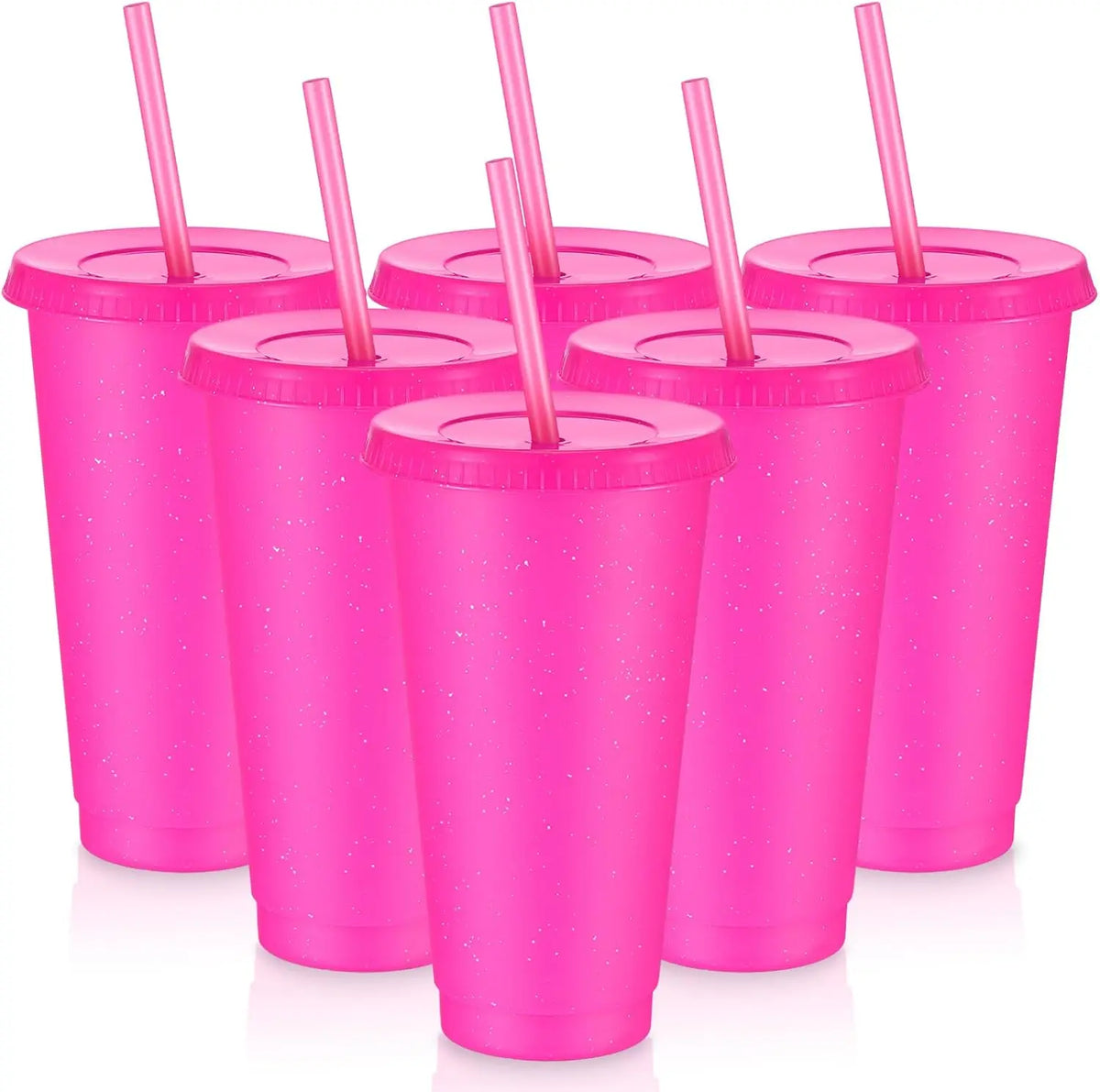 6 Pcs Reusable Tumbler with Lids and Straws Plastic Iced Coffee Tumbler Glitter Travel Mug Cup for Smoothie Juices Cold Drink
