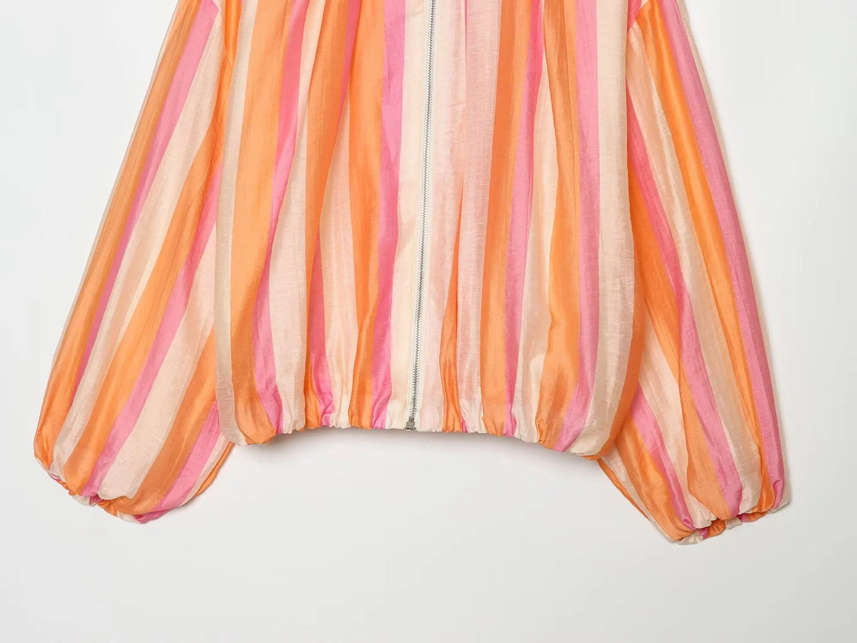 BSAY 2026 New Women Orange Pink Striped Bomber Jacket Stand Collar Long Sleeve Zipper Up Casual Loose Cropped Lightweight Jacket