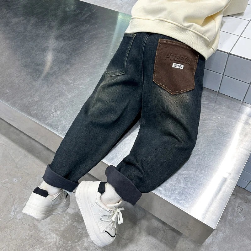 Retro Dark Blue Winter Warm Jeans For Teens Boy Classic Thickened Insulated Denim Pants Child Thermal Jeans Trousers For Kids