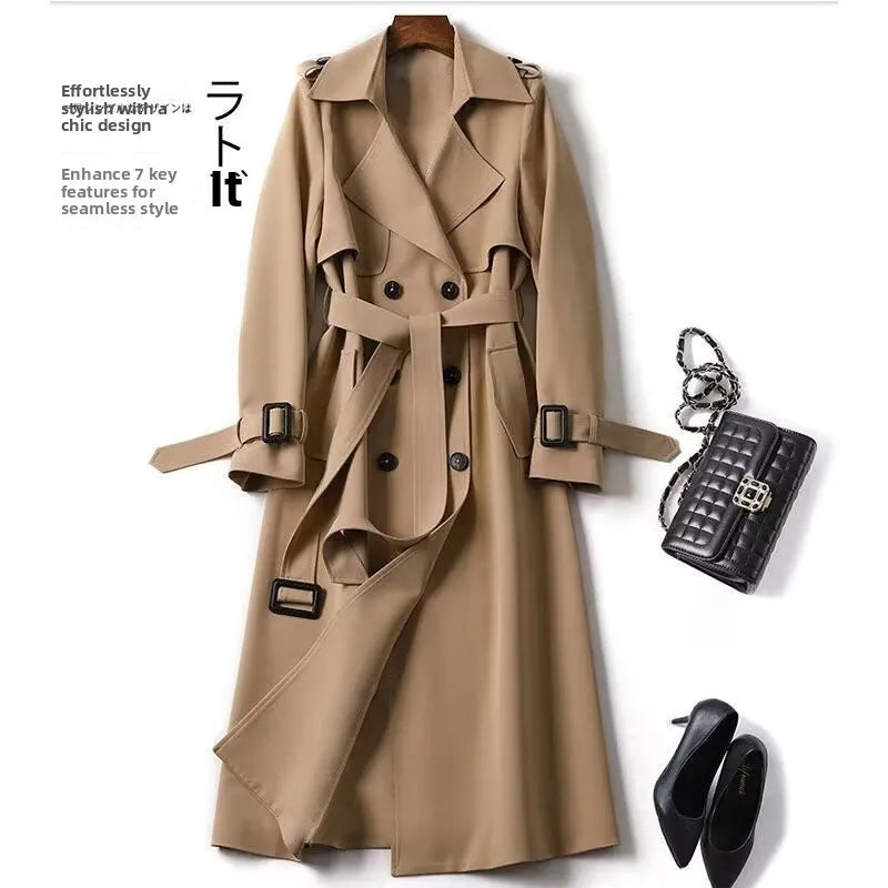 Women's Mid-Length Over-Knee British Style Coat Spring Autumn New Korean Version plus Size Fashionable Outerwear Coat