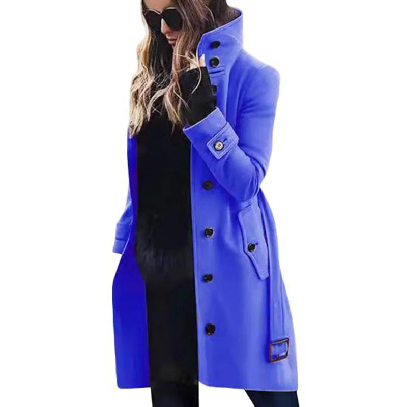 Autumn Winter Warm Women's Large Size Woolen Coat Loose Single Row Button Collar Jacket Long Sleeve Mid-Length Cotton Blend