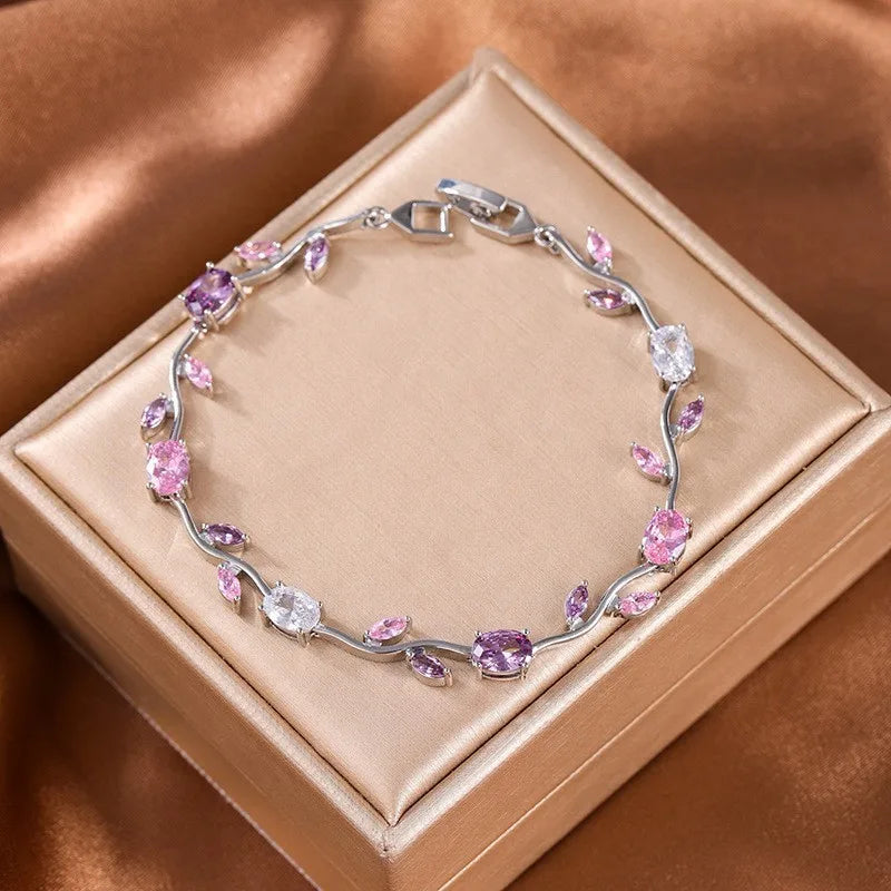 LATS Colorful Trendy Charm Sparkling Leaf Cubic Zirconia Bracelets for Women Party Wedding Fashion Jewelry Gift
