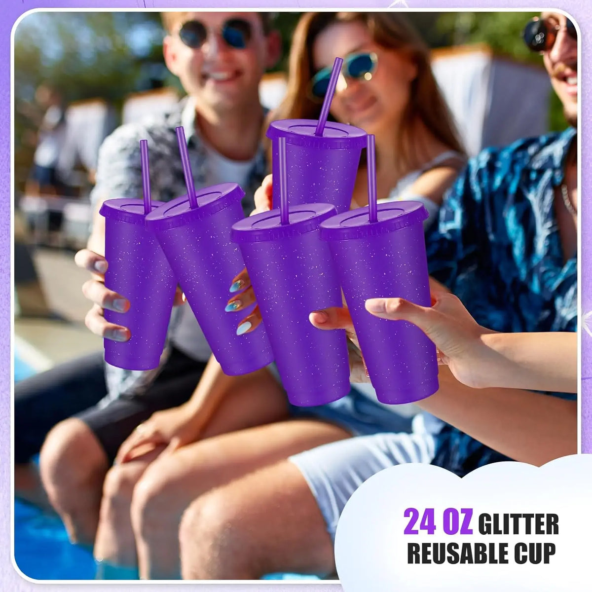 6 Pcs Reusable Tumbler with Lids and Straws Plastic Iced Coffee Tumbler Glitter Travel Mug Cup for Smoothie Juices Cold Drink