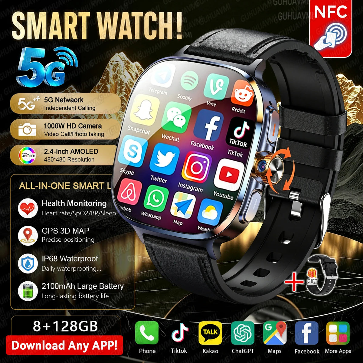 5G/4G Full Network Android Smart Watch With 2.4" AMOLED Display Independent Calling Camera GPS Wifi Bluetooth Sports Phone Watch