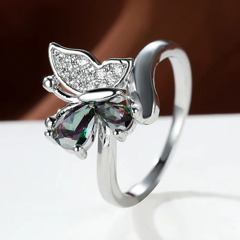 2026 Butterfly Ring Multi-Colored Cubic Zirconia Women's Wedding Accessory Exquisite Aesthetic Statement Jewelry Gift