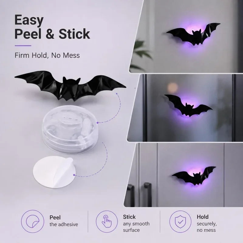 24/12pcs 3D Halloween LED Light Up Bat Glow in The Dark Self Adhesive PVC Wall Stickers Decoration Window Store Party Display