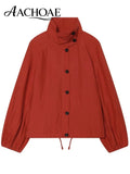 AACHOAE Women High Neck Lightweight Jacket Casual Long Sleeve Windbreaker Coat Drawstring Hem Button Front Short Outerwear
