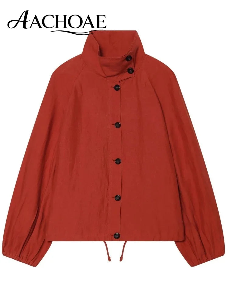 AACHOAE Women High Neck Lightweight Jacket Casual Long Sleeve Windbreaker Coat Drawstring Hem Button Front Short Outerwear