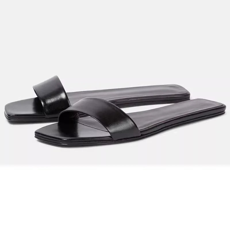 2024 Summer New Fashion Slides Shoes Women Genuine Leather Minimalist Sandals Comfortable Flat Woman Square Toe Outside Slippers