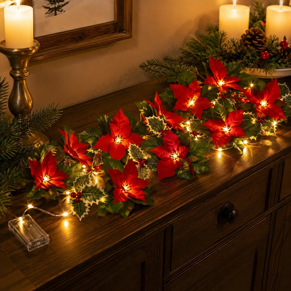 1pc 10/20 LED Christmas Artificial Flower and Red Berry String Light Battery Powered Fairy Lamp For Home Bedroom Christmas Decor