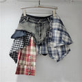 DEAT Fashion Women's Patchwork Plaid Button Design Denim 2024 Summer  Skirts New A-line High Waist Mini Skirt Female 29L7797