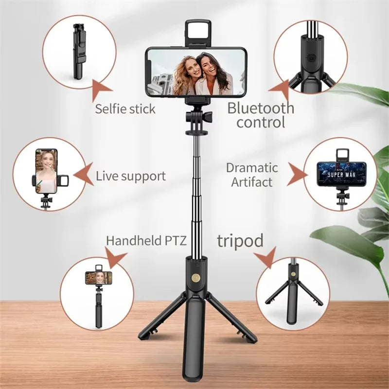Wireless Selfie Stick with Tripod and Light, Bluetooth Remote Control, Extendable Tripod for iPhone and Mobile Phones, Ideal for