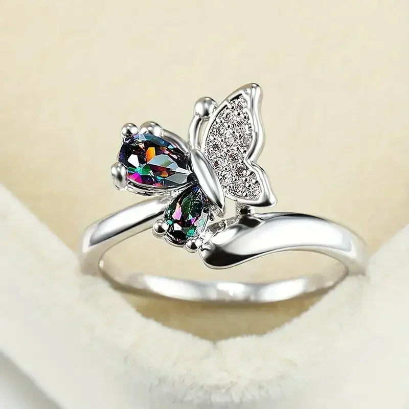 2026 Butterfly Ring Multi-Colored Cubic Zirconia Women's Wedding Accessory Exquisite Aesthetic Statement Jewelry Gift