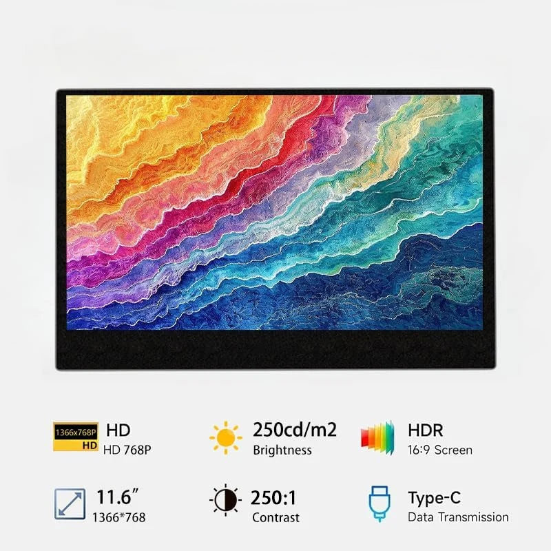AHXJKA 15.6” Portable Monitor 60HZ IPS USB-C HDMI 250Cd/m² 768P For Laptop XBox PS4 / 5 Switch TV Cell Phone PC Extension Mobile
