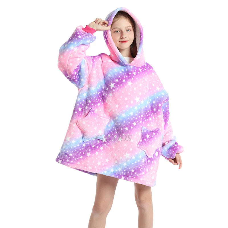 Kids Oversized Hoodie Blanket With Sleeve Boy Girl Sweatshirt Winter Fleece Hoody Avocado Rainbow Dinosaur Print Hooded Sweat