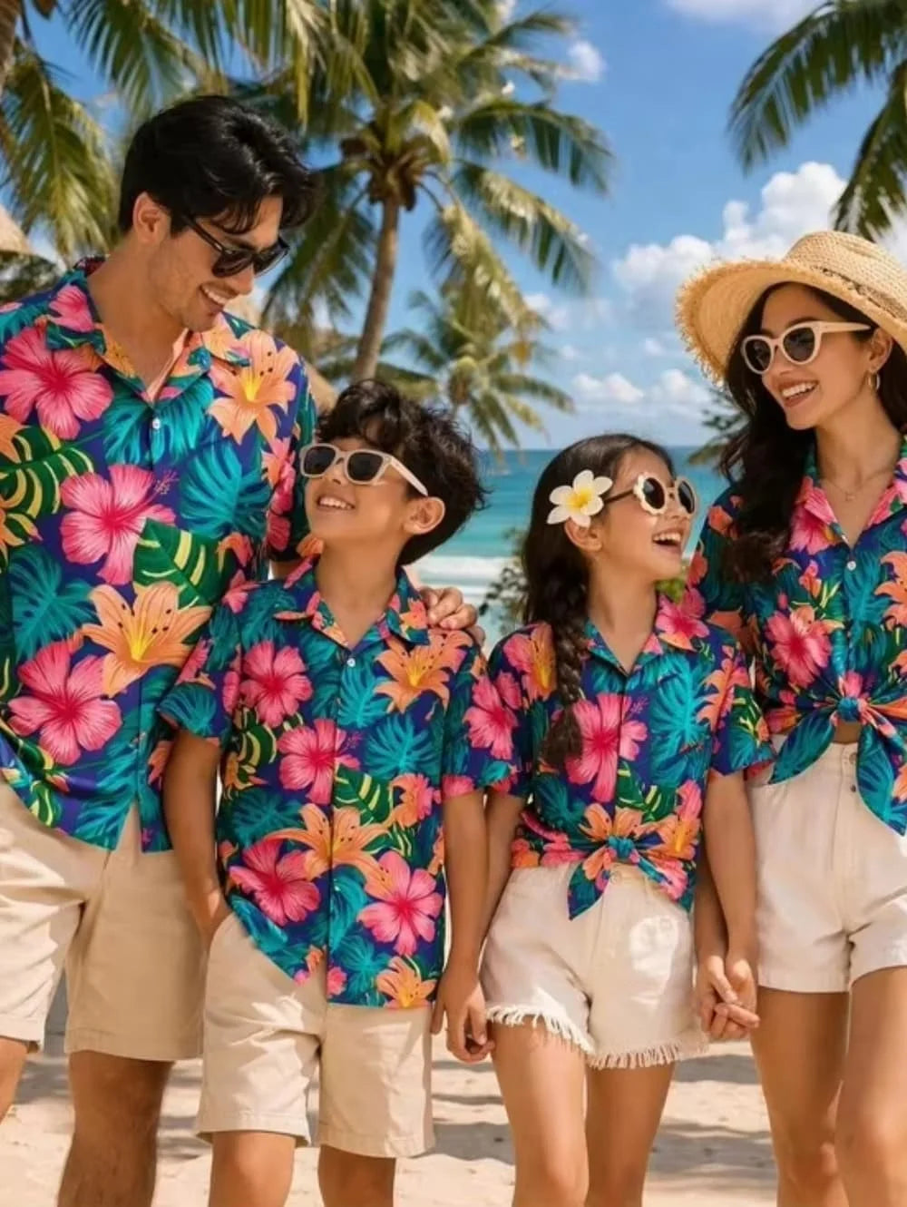 Hawaiian Children's Shirt Plant Flower Pattern Print Family Dress Blue Green Vacation Beach Parent Child Shirt Men's Sports Top