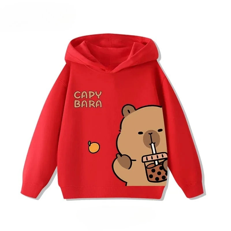 Autumn Winter Cartoon Cute Capybara Print Children's Hooded Hoodies Casual Fashionable Comfortable Boy Girl Sweatshirt Pullover