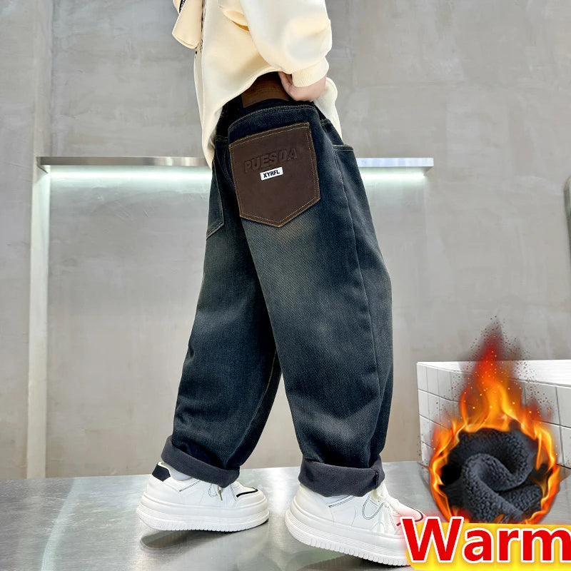 Cowboy Autumn Winter Big Boy Thermal Jeans High Street Denim Pants Kids Retro Blue Warm Baggy Insulated Jeans Trousers For Kids