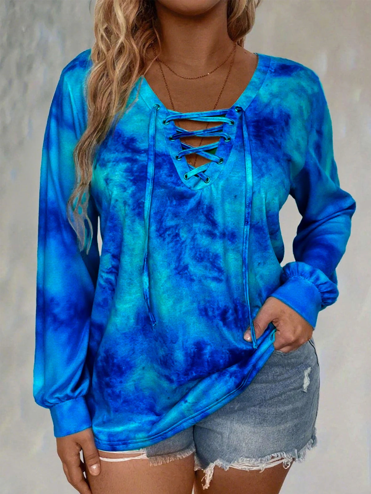 plus size women's tie dye printed long sleeved T-shirt made of polyester knitted fabric elegant lace up casual and comfortable