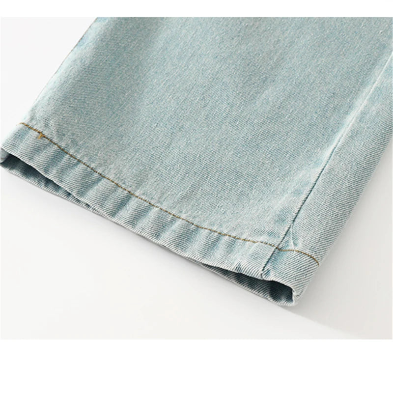 Brief Style Kids Girls Loose Straight Ripped Jeans with Holes For Teenager Child Casual Broken Light Blue Distressed Denim Pants