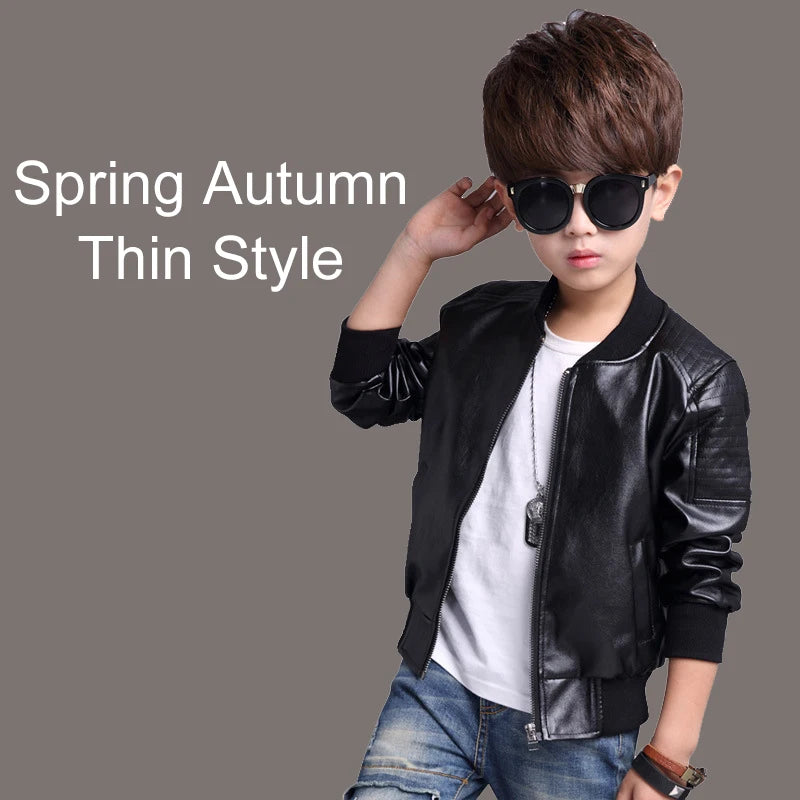 2-13 Years Winter Boys PU Jacket Plus Velvet Keep Warm Leather Jacket For Boys Coat Waterproof Outerwear Teenagers Kids Clothes