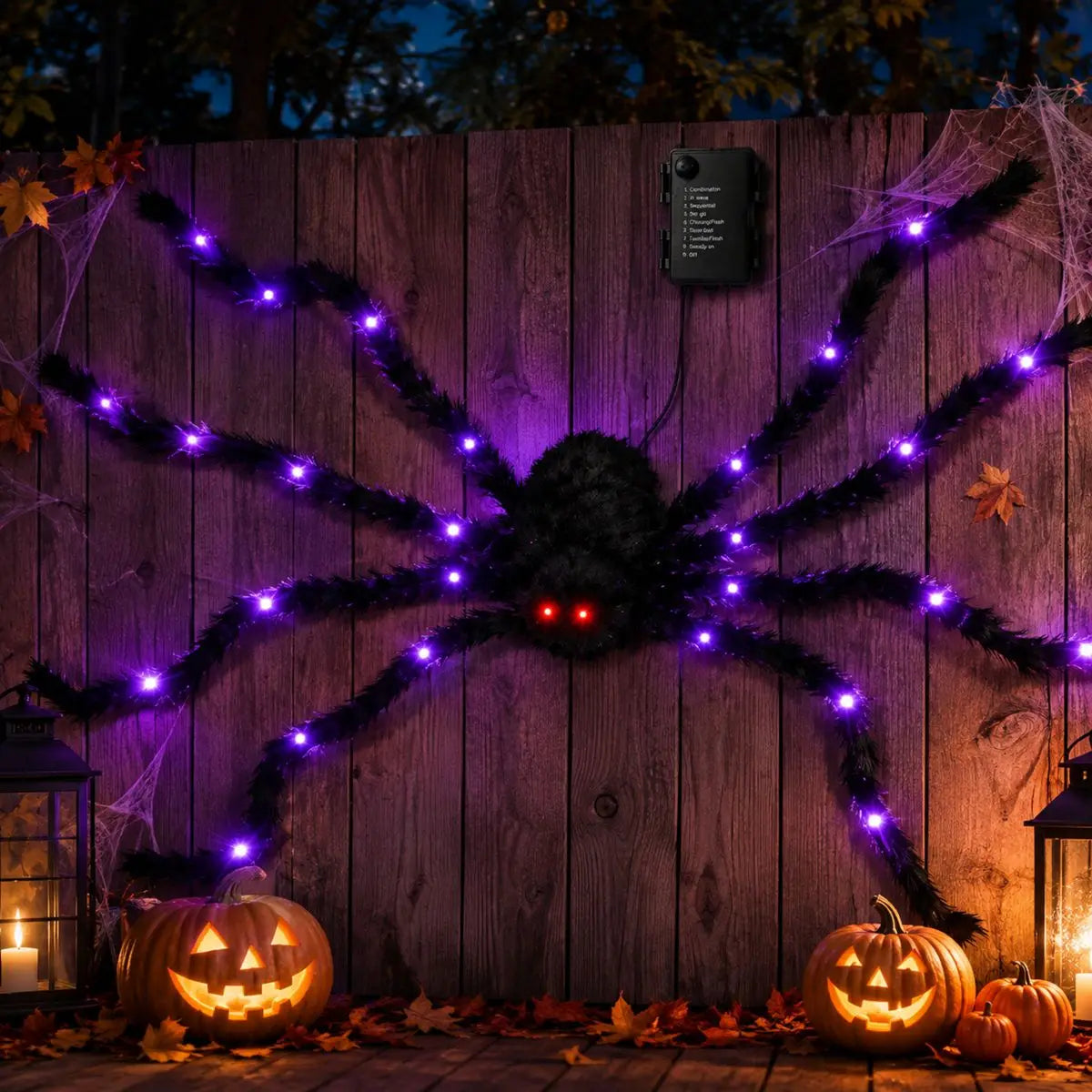 1pc Halloween Giant Light Up Fuzzy Black Spider Purple LED Battery Powered 8 Modes Spider Lights For Indoor Outdoor Porch Decor