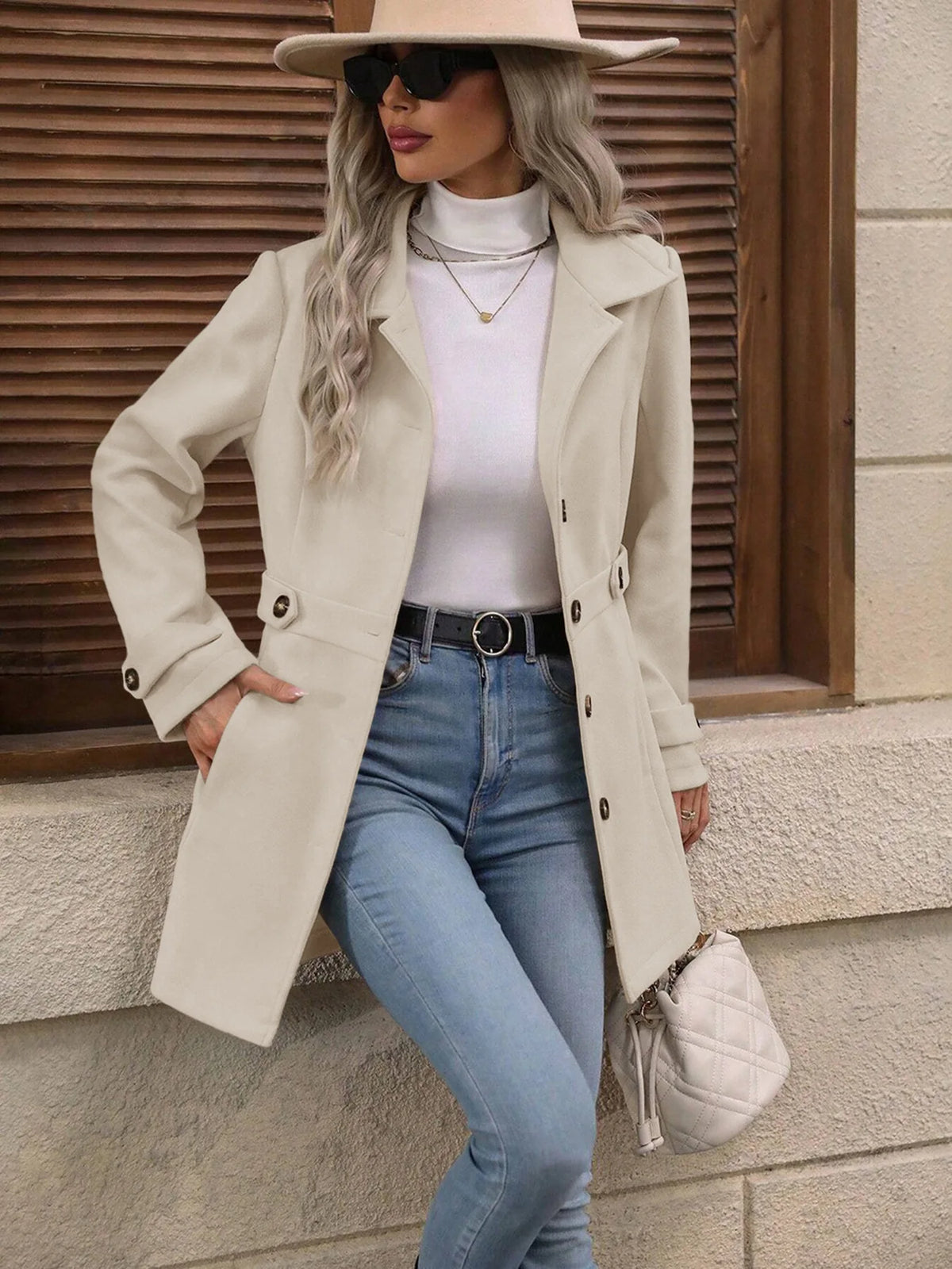 Autumn Winter New Mid-Length Elegant Woolen Coat Button Stand Collar Slim Fit Tweed Durable Fashionable Outerwear
