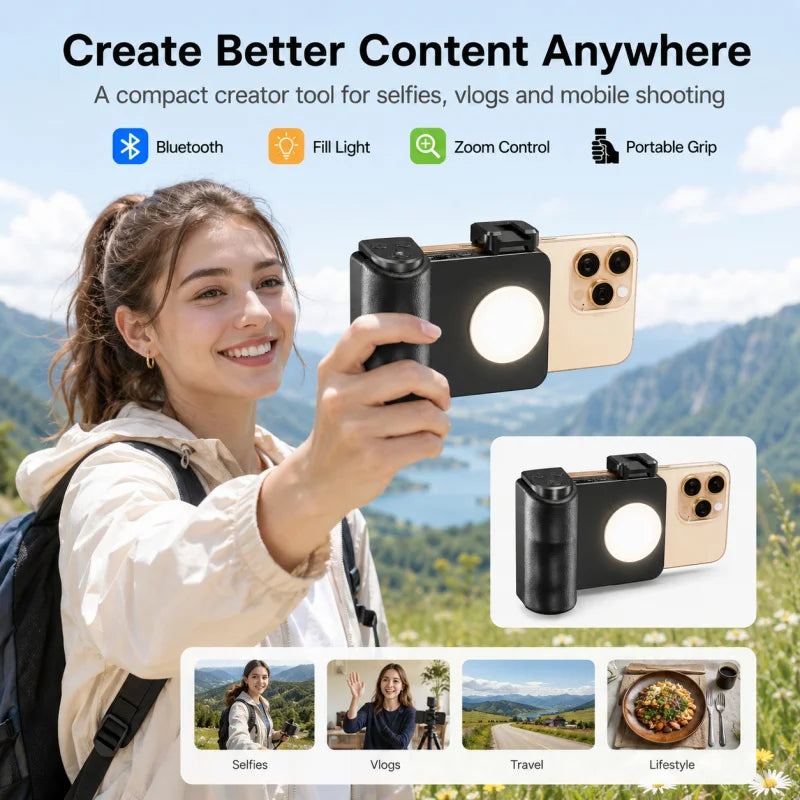 2025 New Bluetooth Phone Camera Grip Selfie Stick with Fill Light, Handheld Tripod Stand for Smartphone, Adjustable Zoom Remote