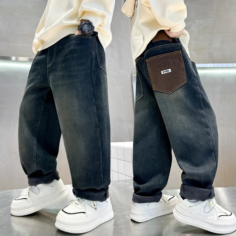 Cowboy Autumn Winter Big Boy Thermal Jeans High Street Denim Pants Kids Retro Blue Warm Baggy Insulated Jeans Trousers For Kids
